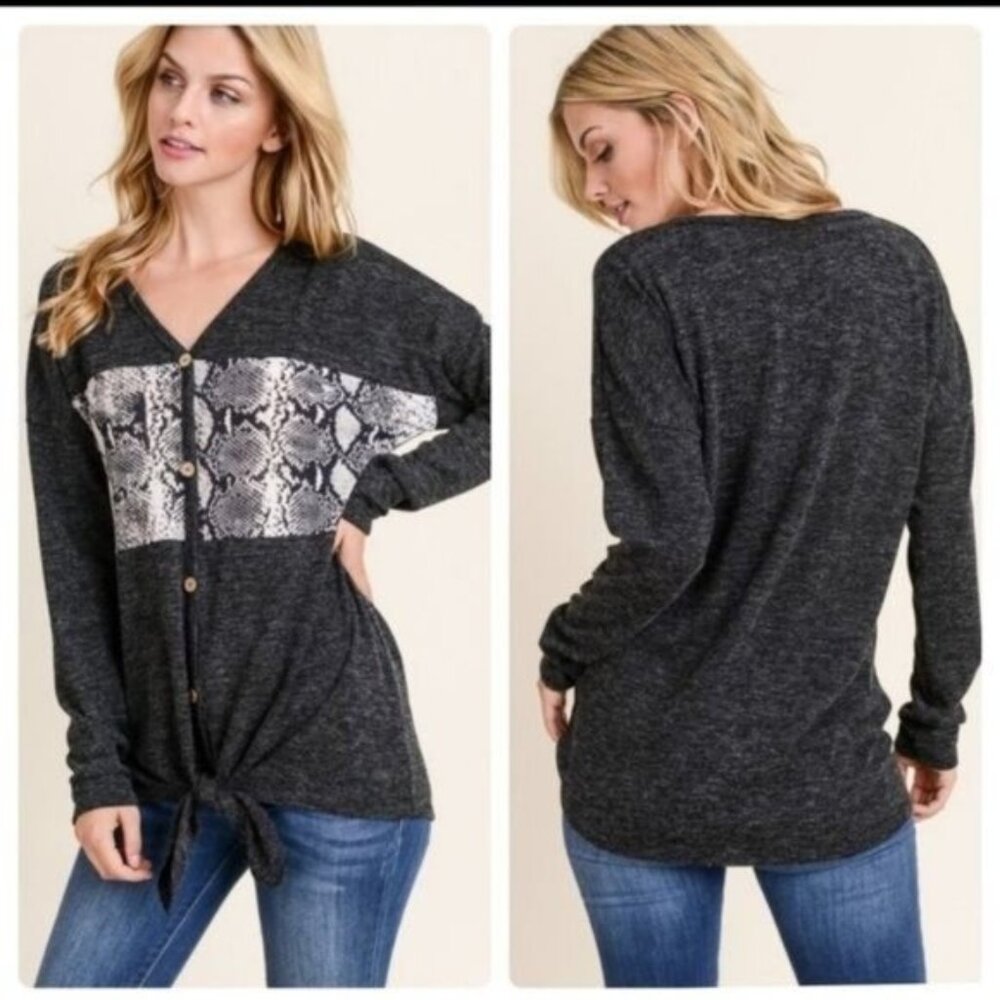 Charcoal Gray Button Front Snake Print Knit Top W/Tie Hem Long Sleeve -SMALL
